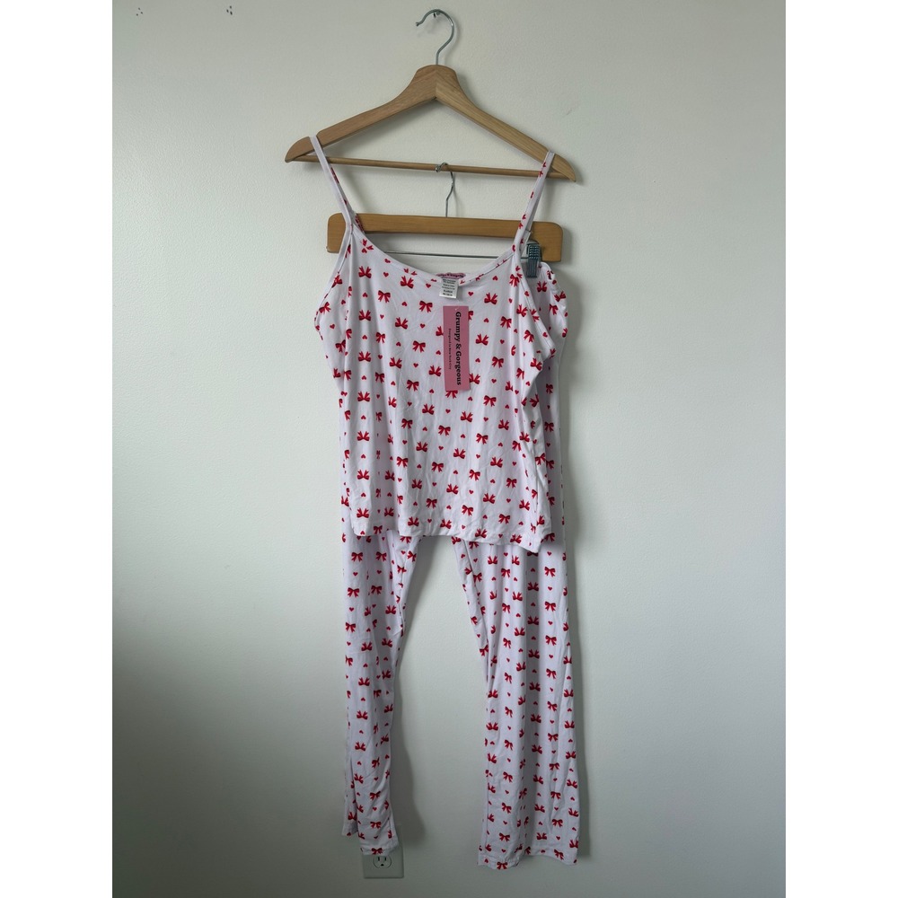 Grumpy & Gorgeous Women's Pajama Set – White with Red Bows & Hearts – Size XL